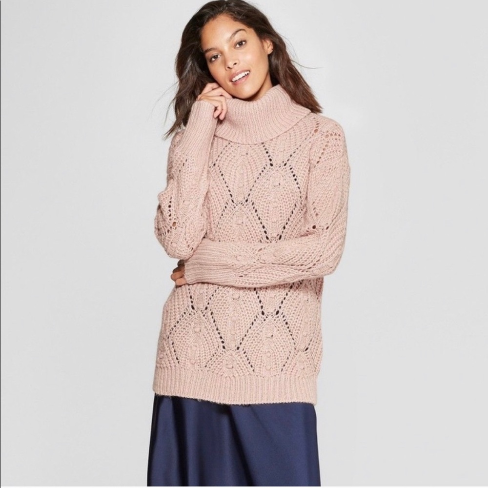 A New Day Women's Cable Knit Cowlneck Sweater Slouchy Chunky Small Dusty Pink.